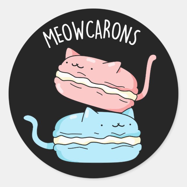 Pegatina Redonda Meowcarons Funny Macaron Pun Dark BG (Anverso)