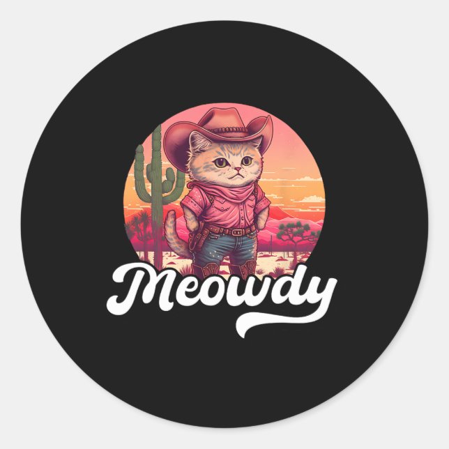 Pegatina Redonda Meowdy Texas Cat Meme Country Music Cowgirl Cute (Anverso)