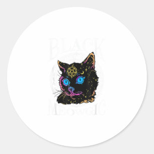 Pegatina Redonda Meowgic de gato negro, bruja de Halloween, pluma d