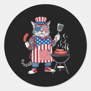 Pegatina Redonda Meowica 4 De Julio Cat Bandera Americana Gato Haci