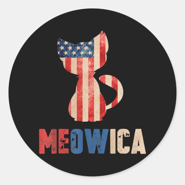 Pegatina Redonda Meowica Cat Kitty Lovers American Flag 4th Of (Anverso)