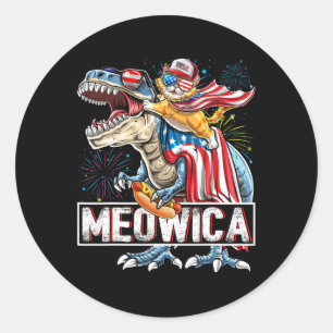 Pegatina Redonda Meowica Cat T Rex Dinosaur 4 De Julio American Fl
