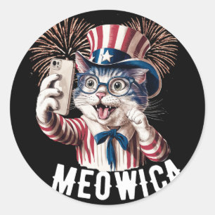 Pegatina Redonda Meowica Patriótica 4 De Julio Gato Bandera America