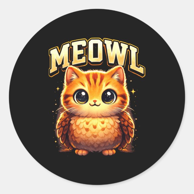 Pegatina Redonda Meowl Funny Meow Cat Owl Brainrot Meme Teen Kids  (Anverso)