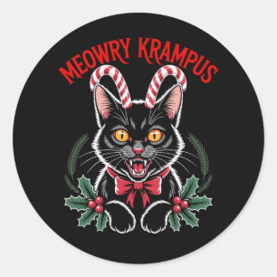Pegatina Redonda Meowry Krampus Navidad Gato Negro Caña de Caramelo