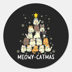 Pegatina Redonda Meowy Catmas Cat Árbol de Navidad Chicas Boys Fu