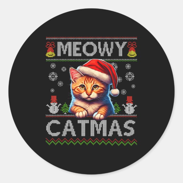 Pegatina Redonda Meowy Catmas Cat Santa Christmas Kitten Xmas Ugly  (Anverso)