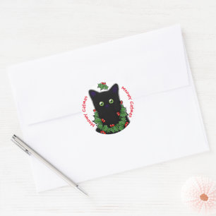 Pegatina Redonda Meowy Catmas dibujando Navidades de Holly berries