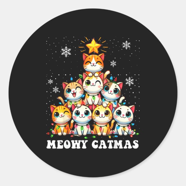 Pegatina Redonda Meowy Catmas Funny Christmas Tree Lights Cute Cat  (Anverso)