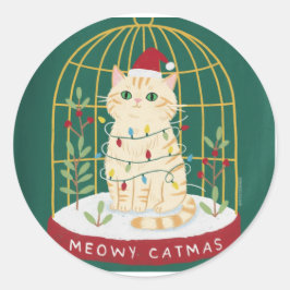 Pegatina Redonda Meowy Catmas Ginger Cat in Cage Snow Globe
