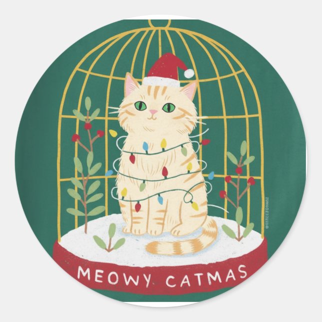 Pegatina Redonda Meowy Catmas Ginger Cat in Cage Snow Globe (Anverso)