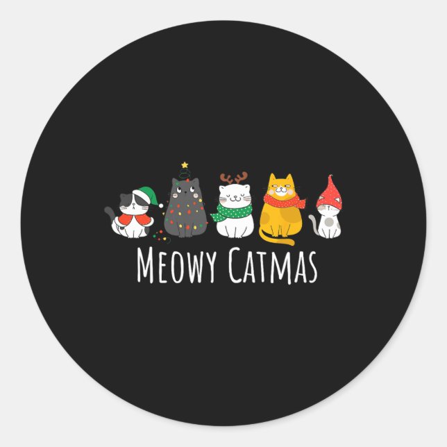 Pegatina Redonda Meowy Catmas lindo gato Santa Hat Navidades Kitten (Anverso)