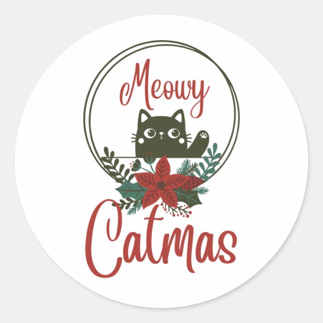 Pegatina Redonda Meowy Catmas, Navidades divertidos (Anverso)