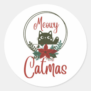 Pegatina Redonda Meowy Catmas, Navidades divertidos