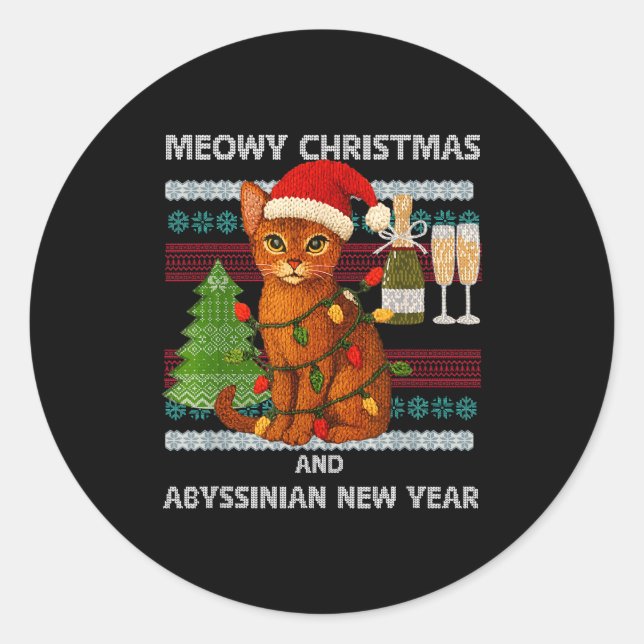 Pegatina Redonda Meowy Christmas Funny Abyssinian Cat Santa Hat Ugl (Anverso)
