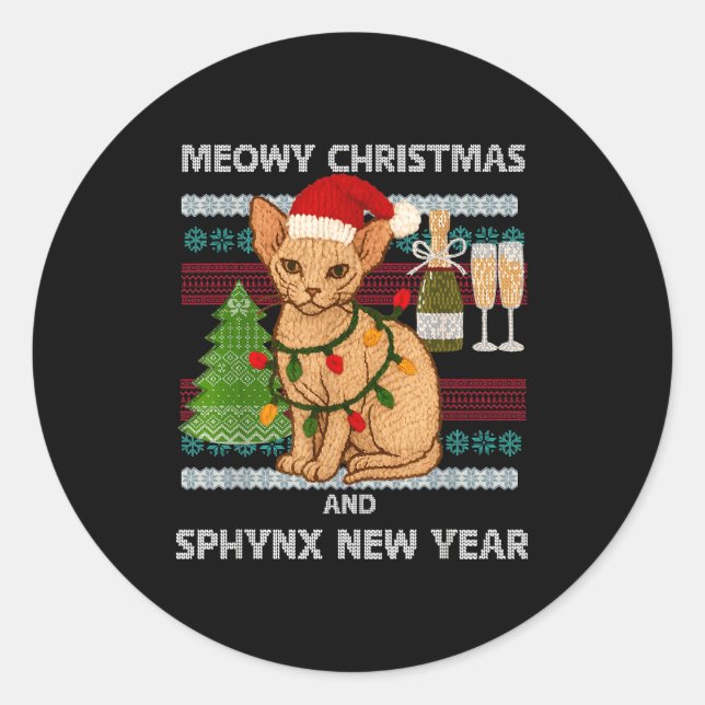 Pegatina Redonda Meowy Christmas Funny Sphynx Cat Santa Hat Ugly Sw (Anverso)