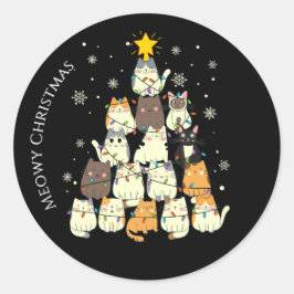 Pegatina Redonda Meowy Christmas Merry Cat Tree