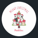 Pegatina Redonda Meowy Christmas Tree Cats<br><div class="desc">¿pegatinas de gatos kawaii personalizados? ¡Sí, por favor! ¡Los adorables gatos y gatitos sentados en el diseño de un árbol de Navidad es súper divertido! Puedes personalizar al pegatina con un nombre de pila o familiar, lo que lo convierte en un lugar ideal para el amante del gato o el...</div>