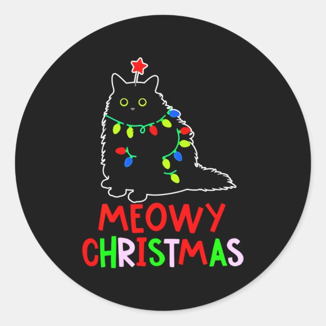 Pegatina Redonda Meowy Christmas Xmas Lights Black Cat Pajamas  (Anverso)