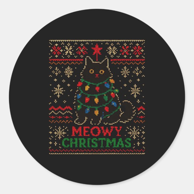 Pegatina Redonda Meowy Christmas Xmas Lights Cat Ugly Sweater Pajam (Anverso)