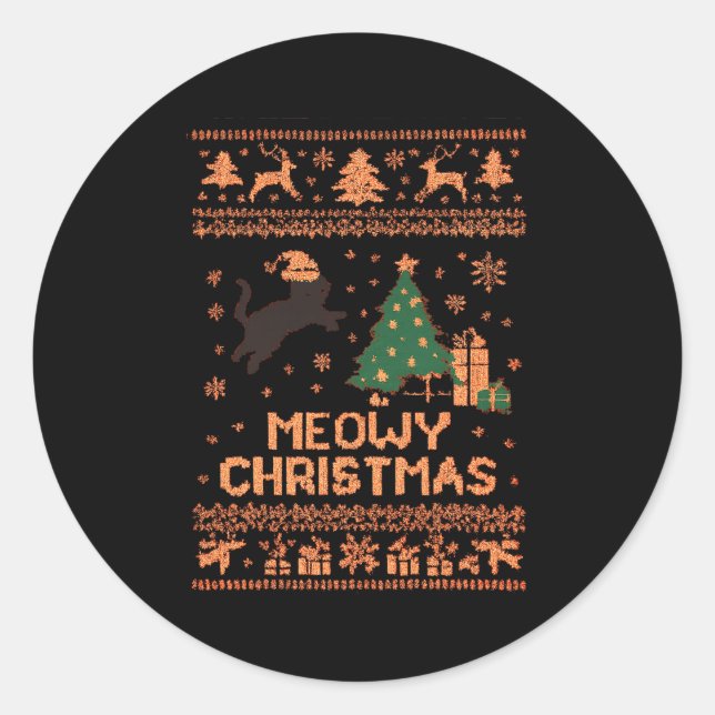 Pegatina Redonda Meowy Christmas Xmas Tree Cat Ugly Sweater Pajamas (Anverso)