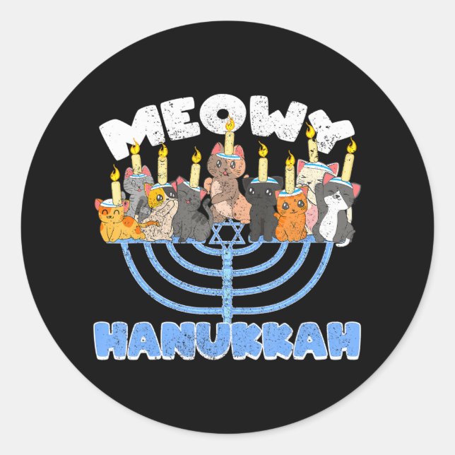 Pegatina Redonda Meowy Hanukkah gatos en Menorah por Hanukkah (Anverso)
