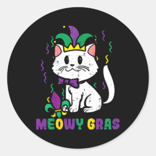 Pegatina Redonda Meowy Mardi Gras Funny Nola Chica propietaria del
