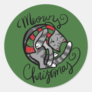 Pegatina Redonda Meowy Navidades Gray Cat Art