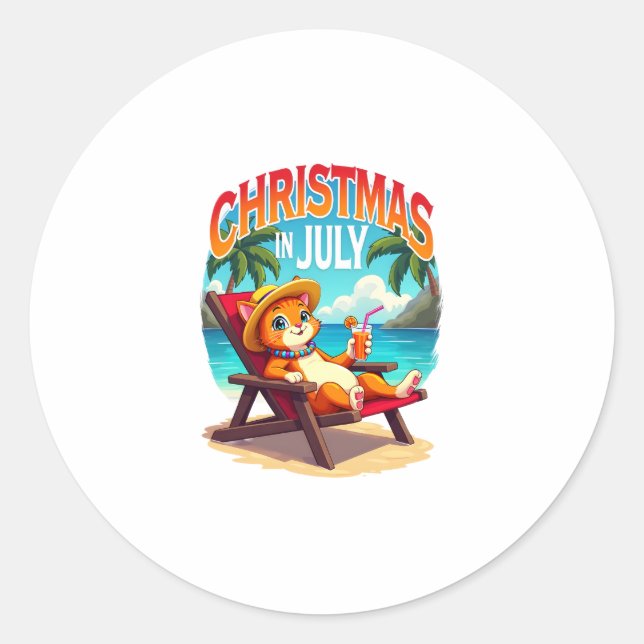 Pegatina Redonda Meowy Xmas Summer Christmas In July Chillin Cool C (Anverso)