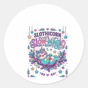 Pegatina Redonda Mercado Colorido de Magia Lenta Unicornio Slothico