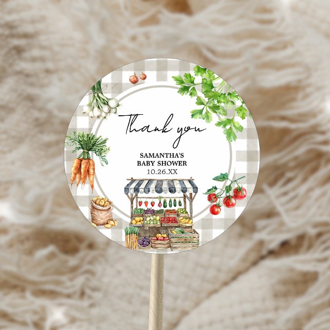 Pegatina Redonda Mercado de agricultores Baby Shower de producción  (Farmers Market Locally Grown Baby Shower Sticker)