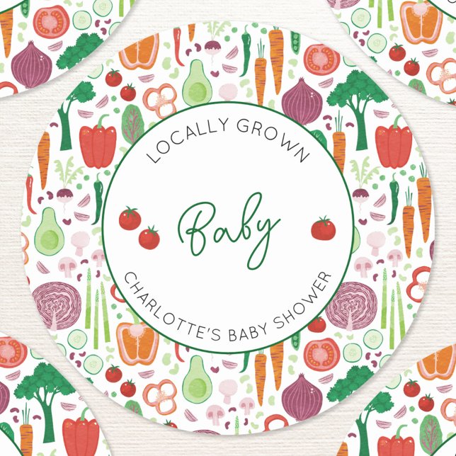 Pegatina Redonda Mercado de agricultores Baby Shower de producción  (Farmers market locally grown baby personalized baby shower sticker)