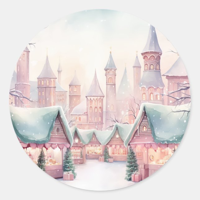 Pegatina Redonda Mercado de Navidades íntimos y rosados - Escena in (Anverso)