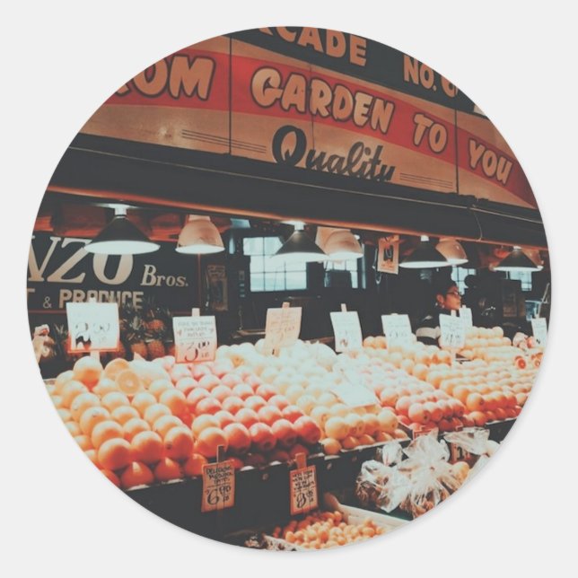 Pegatina Redonda Mercado Pike Place (Anverso)