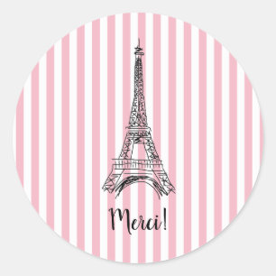 Pegatina Redonda Merci Eiffel Tower Paris Pink Stripe