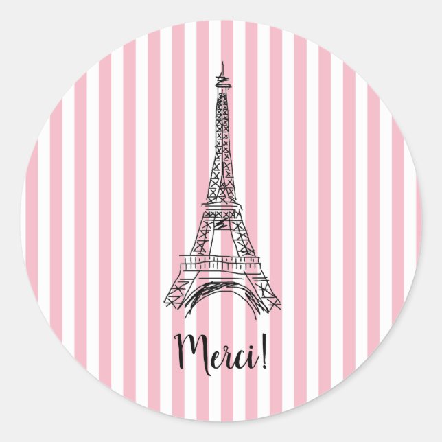 Pegatina Redonda Merci Eiffel Tower Paris Pink Stripe (Anverso)