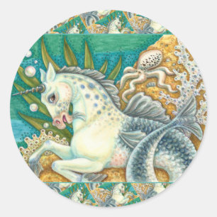 PEGATINA REDONDA MERHORSE Y OCTOPUS BLANCO, CABALLO UNICORN FANTASY