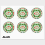 Pegatina Redonda Meri Kirihimete Maori Merry Christmas<br><div class="desc">Pegatinas - - Meri Kirihimete es Maori Merry Christmas with a Black White Red Border and Fern Wreath - - - - - Ver las colecciones en mi tienda para las placas coincidentes,  servilletas,  posavasos,  Placemats,  globos y mucho más,  - - en este y otros diseños de Navidades.</div>