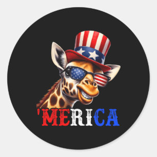 Pegatina Redonda Merica Jirafa Patriótica 4 De Julio Divertido Niño