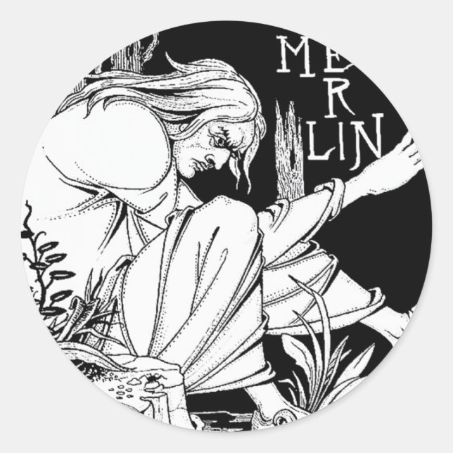 Pegatina Redonda "Merlin" por Aubrey Beardsley, 1893 (Anverso)