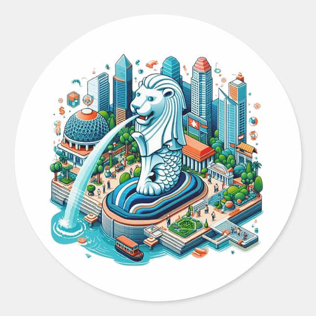 Pegatina Redonda Merlion Singapore Garden (Anverso)