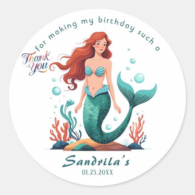 Pegatina Redonda Mermaid  Birthday Party der The Sea Mermaid  (Anverso)
