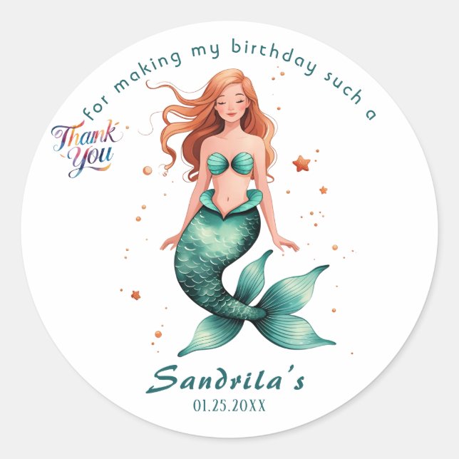 Pegatina Redonda Mermaid  Birthday Party der The Sea Mermaid  (Anverso)
