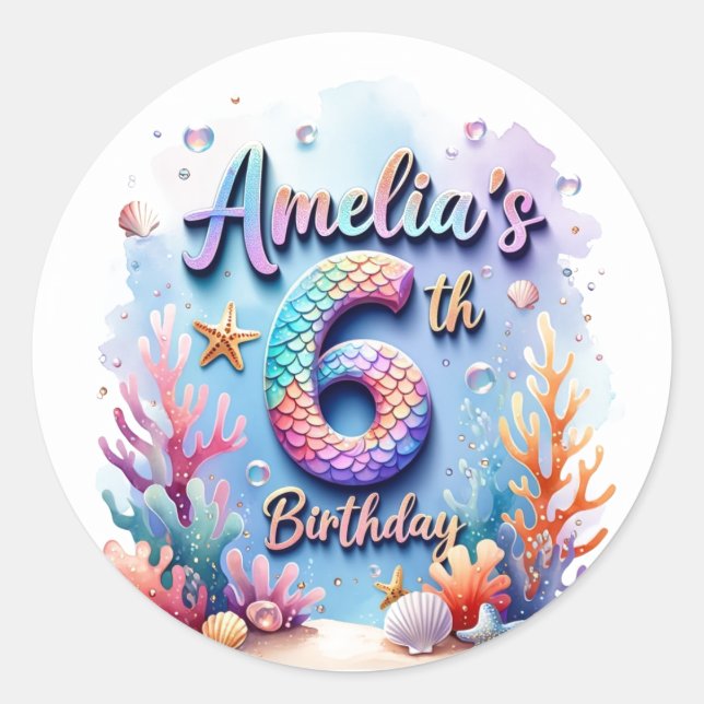 Pegatina Redonda Mermaid Birthday Party Sticker – Custom Name & Age (Anverso)