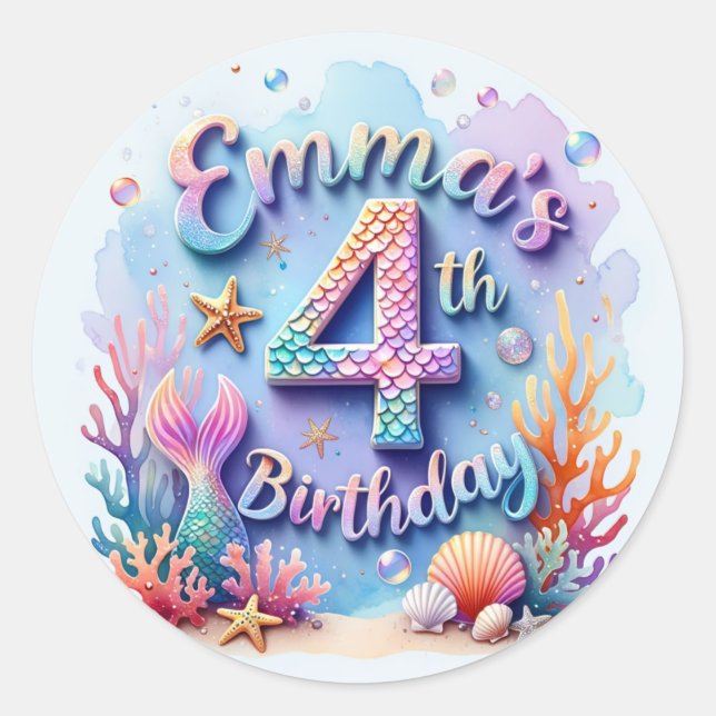 Pegatina Redonda Mermaid Birthday Party Sticker Emma - 4th Birthday (Anverso)
