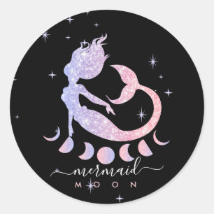 Pegatina Redonda Mermaid luna zodíaco espiritual rosa