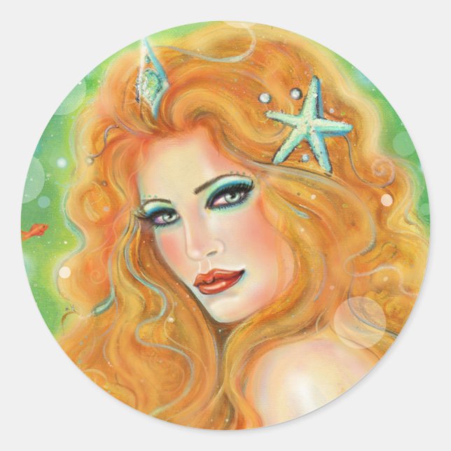 Pegatina Redonda Mermaid with tropical fish art by Renee Lavoie  (Anverso)