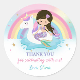 Pegatina Redonda Mermaid y la fiesta de cumpleaños de unicornio