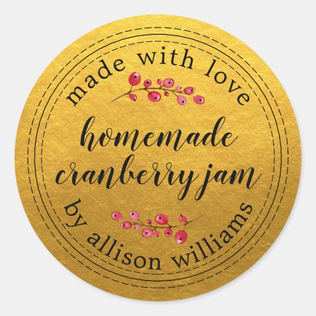 Pegatina Redonda Mermelada Casera De Arándano Navideña Dorada (Anverso)