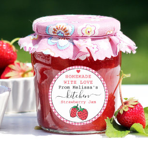Pegatina Redonda Mermelada Casera de Fresa Cuadros Rosa Rústico  